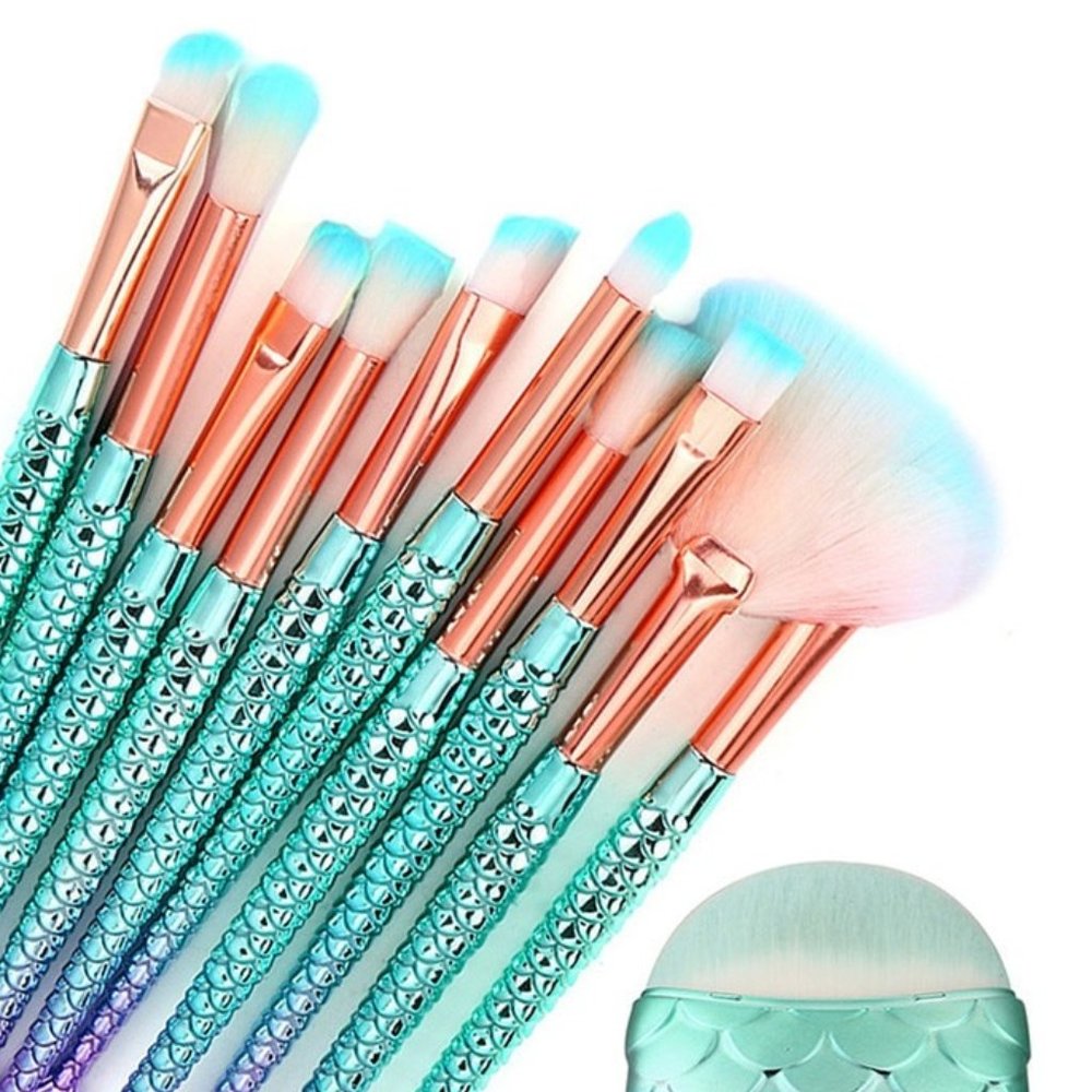 NEW 11 Piece Professional Mermaid Makeup Brush Set with Blender Sponge